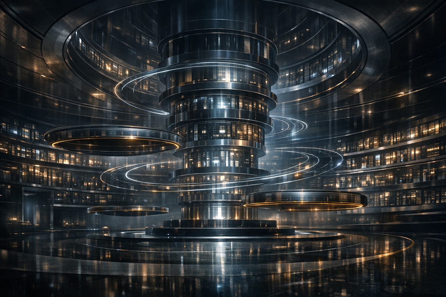 Editorial visual of a luminous archive vault made of stacked memory surfaces, signal pathways, and layered records, with no words or readable text.