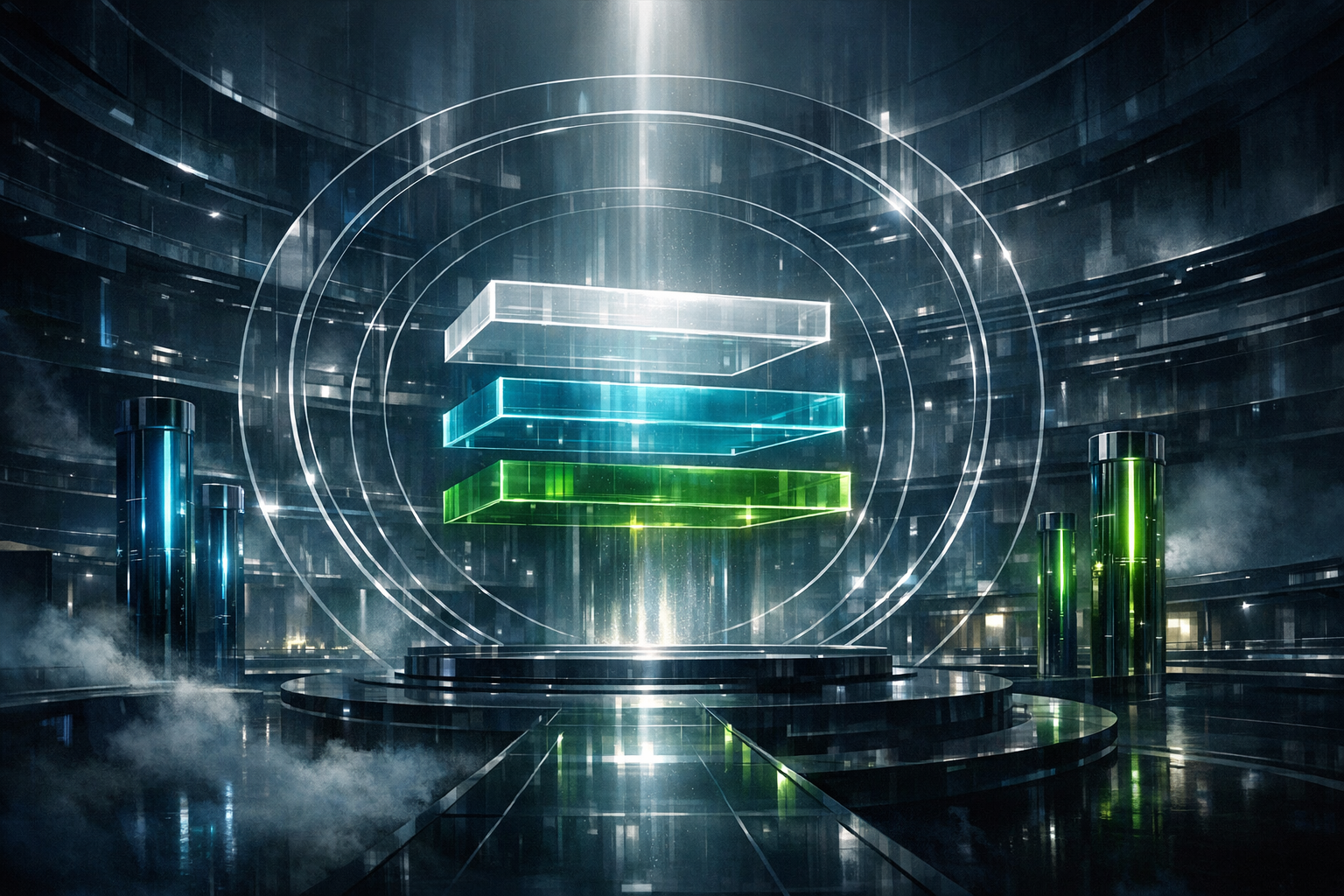 Editorial visual of an AI benchmark observatory with luminous comparison planes, calibration rings, and evaluation columns, with no words or readable text.