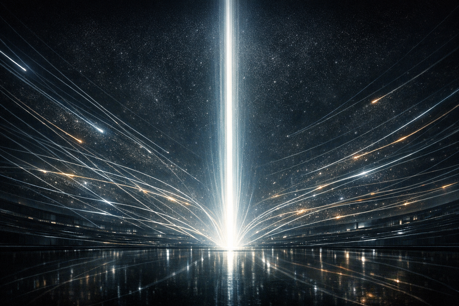 Editorial visual of a dominant AI signal beam rising from a field of weaker converging trails, with no words or readable text.