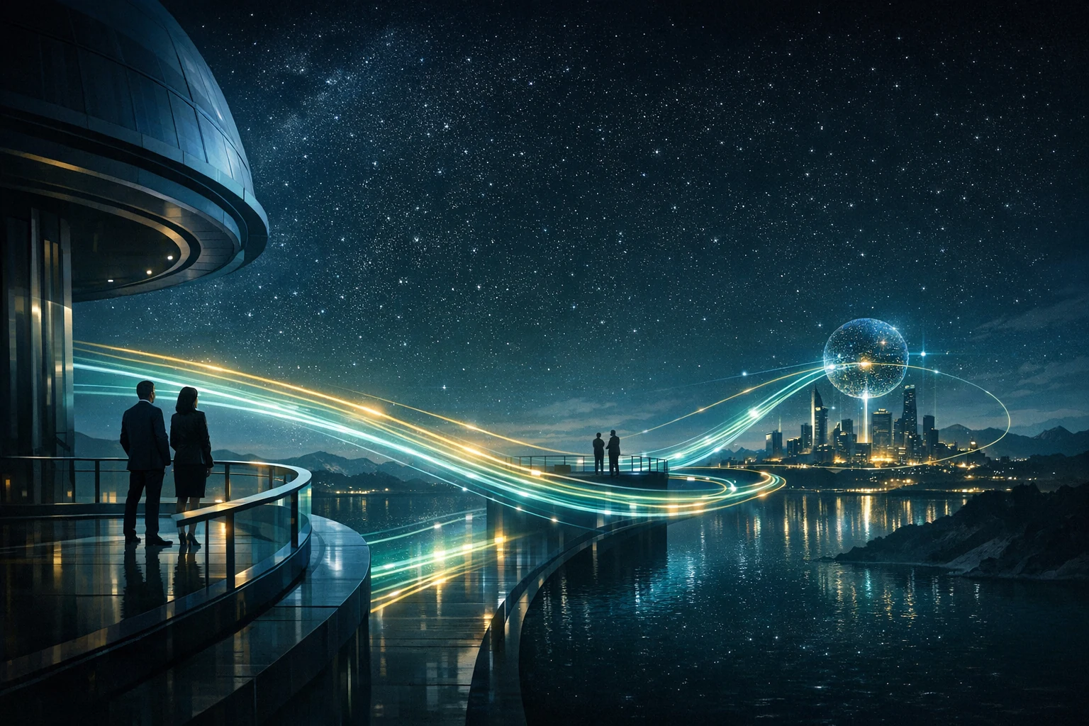 Abstract premium visual showing a signal bridge between people, systems, and a distant intelligence horizon.