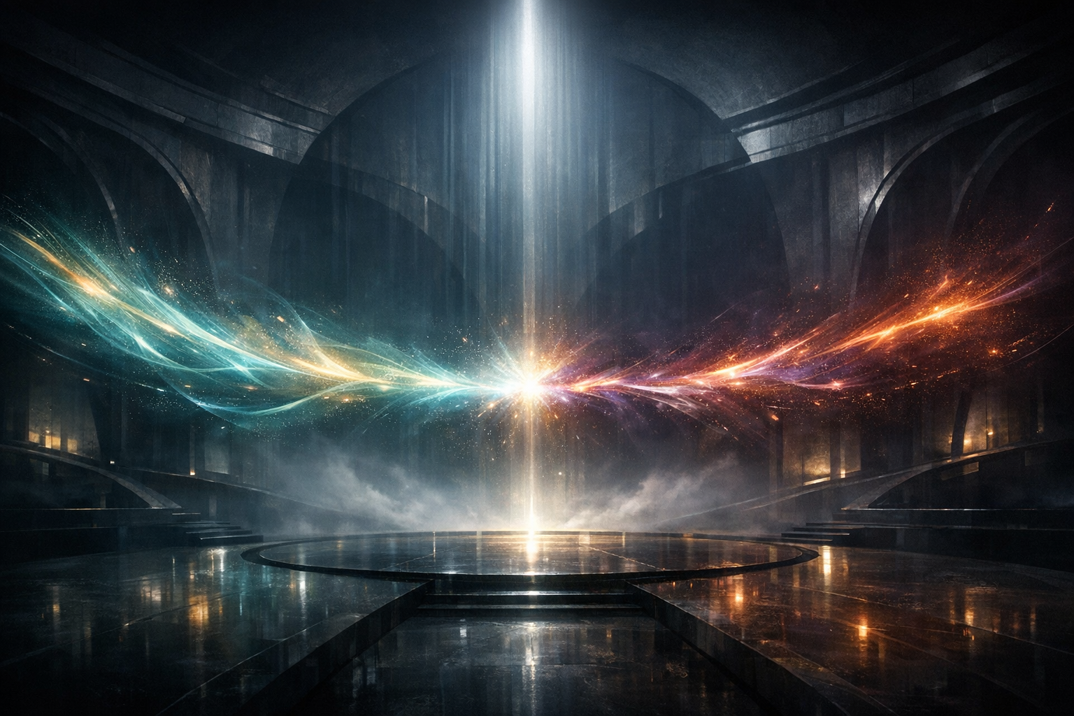 Editorial visual of two opposing currents of light converging inside a dark chamber to represent acceleration and AI-risk arguments meeting at one decision frontier.