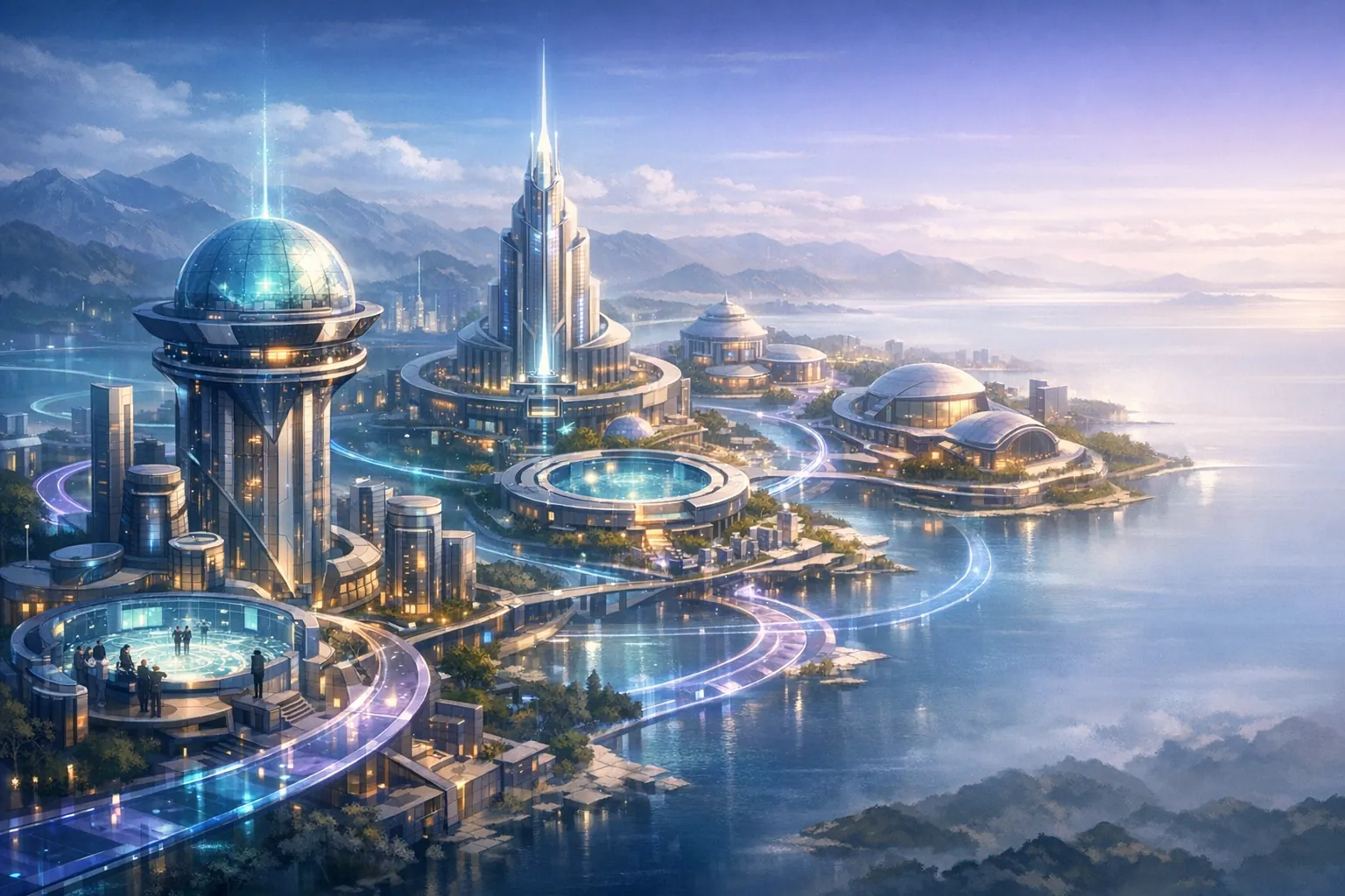 Editorial visual of an AI ecosystem atlas with connected institutions, observatory structures, luminous pathways, and no words or readable text.