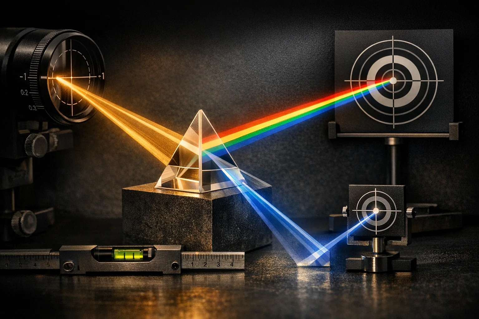 Editorial visual of a dark calibration chamber with a luminous prism, balanced instruments, and split light paths representing bias detection and correction in AI systems, with no words or readable text.
