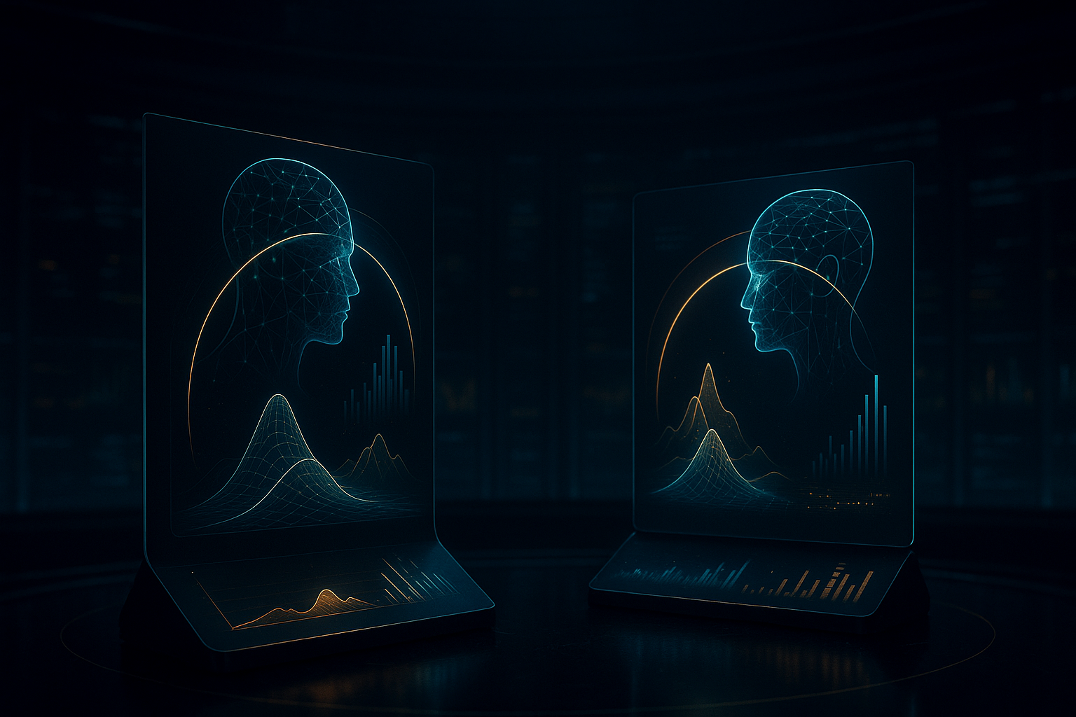 Premium editorial scene of two AI prediction exchanges rendered as luminous forecast surfaces and contract cards in a dark observatory, with no readable text.