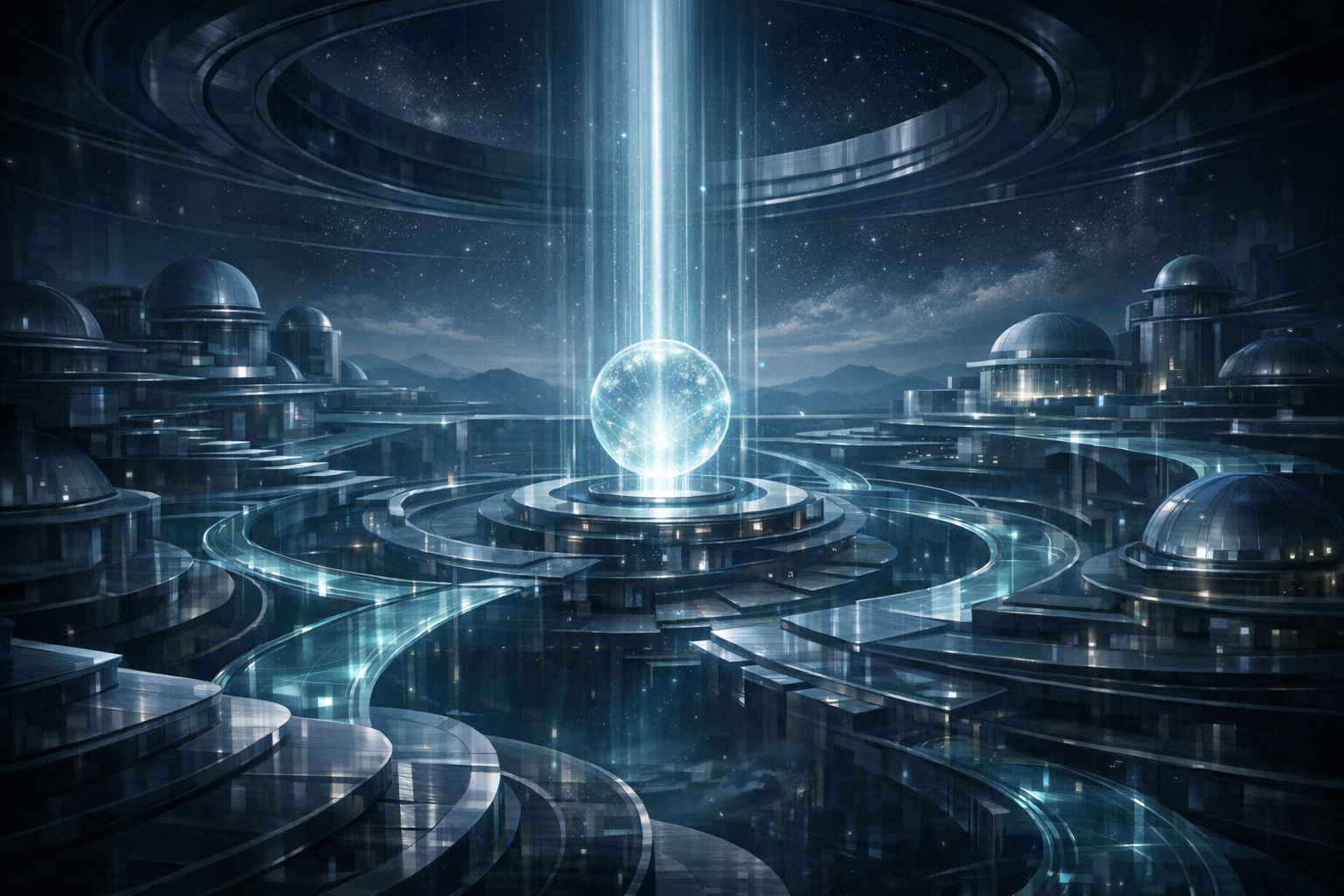 Editorial visual of a luminous AI learning atlas made of layered pathways, observatory-like structures, and connected knowledge surfaces, with no words or readable text.