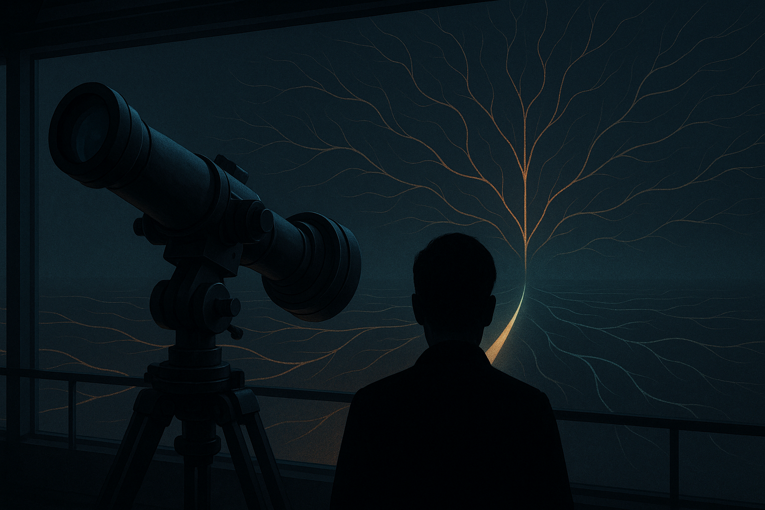 Dark premium observatory scene with cascading probability arcs, a distant horizon, and precise signal geometry representing catastrophic-risk reasoning without readable text.