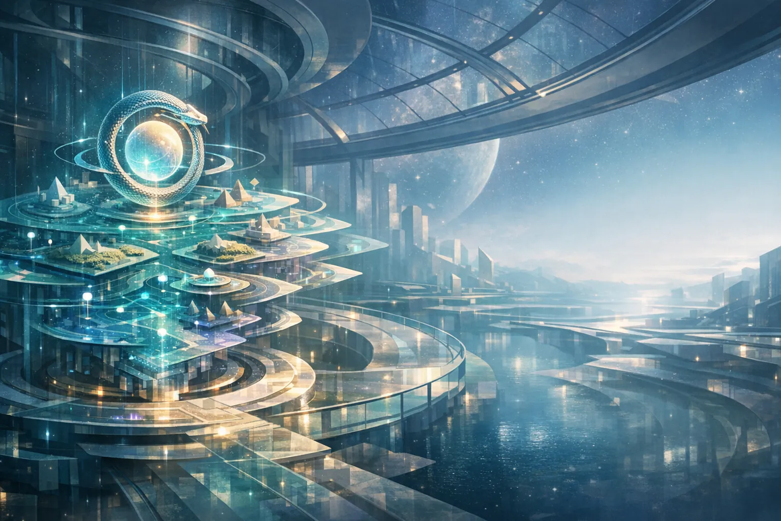 Editorial visual of a luminous guide library atlas with layered pathways, observatory architecture, and durable knowledge structures, with no words or readable text.