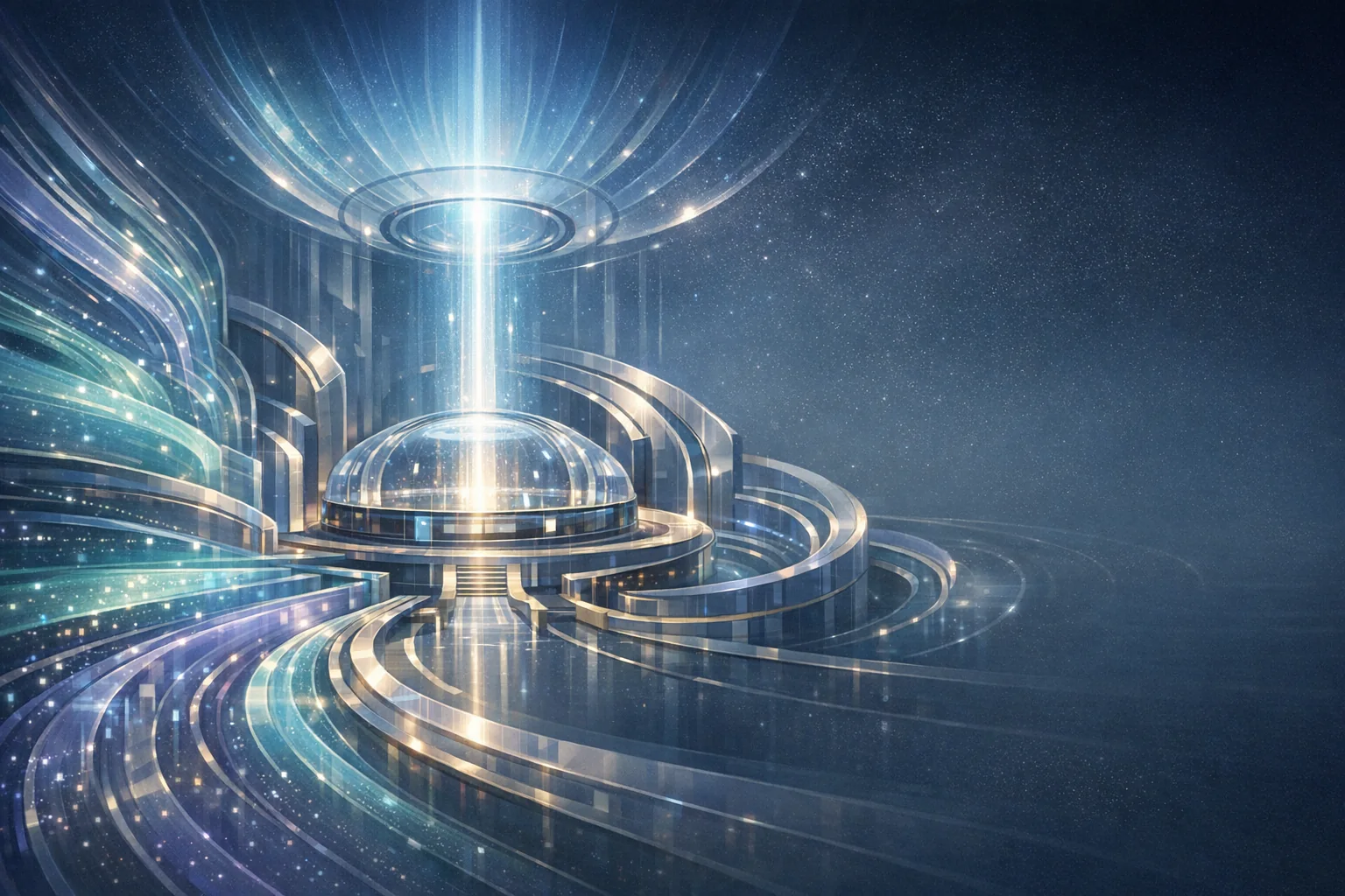 An editorial observatory with layered signal streams converging into a disciplined ranking chamber in auraboros site colors.