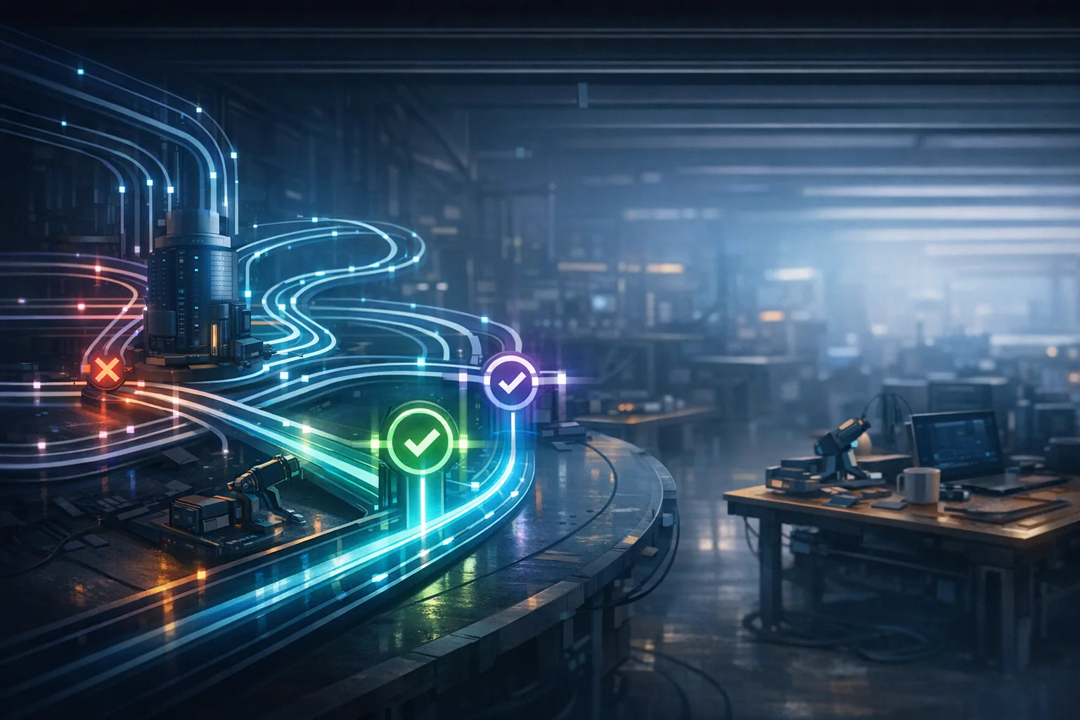 A premium engineering workbench with branching task paths and validation checkpoints rendered in auraboros site colors.