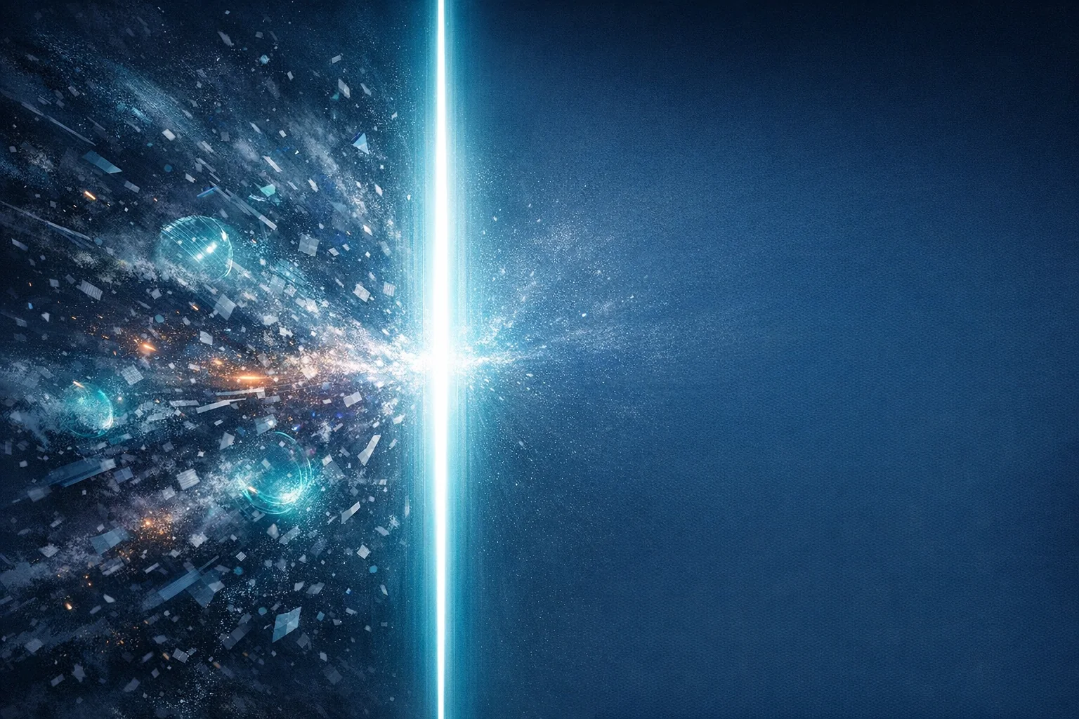 A clean signal beam cutting through a storm of noisy announcement fragments in auraboros site colors.