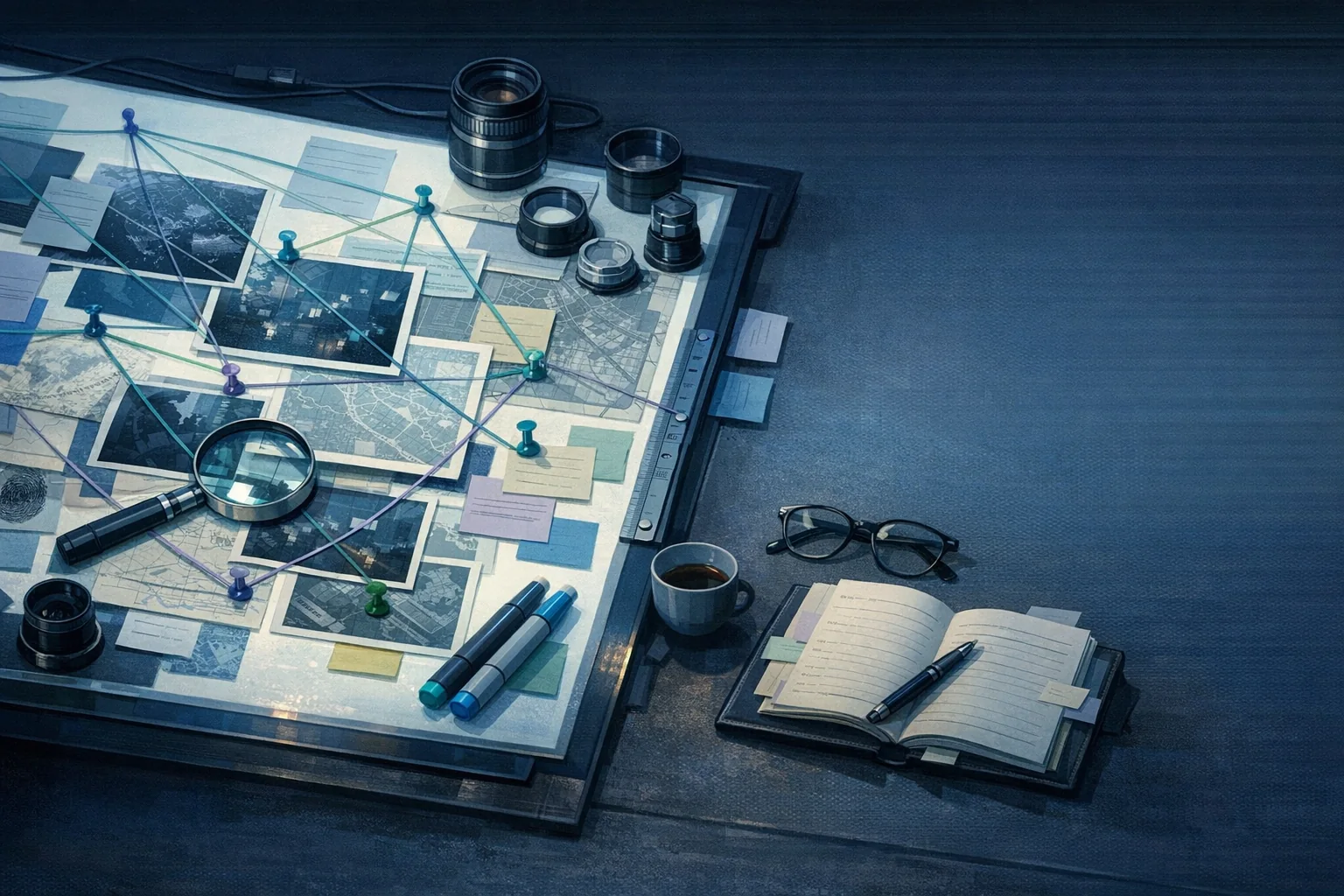 A forensic editorial light table with layered source records and evidence threads rendered in auraboros site colors.