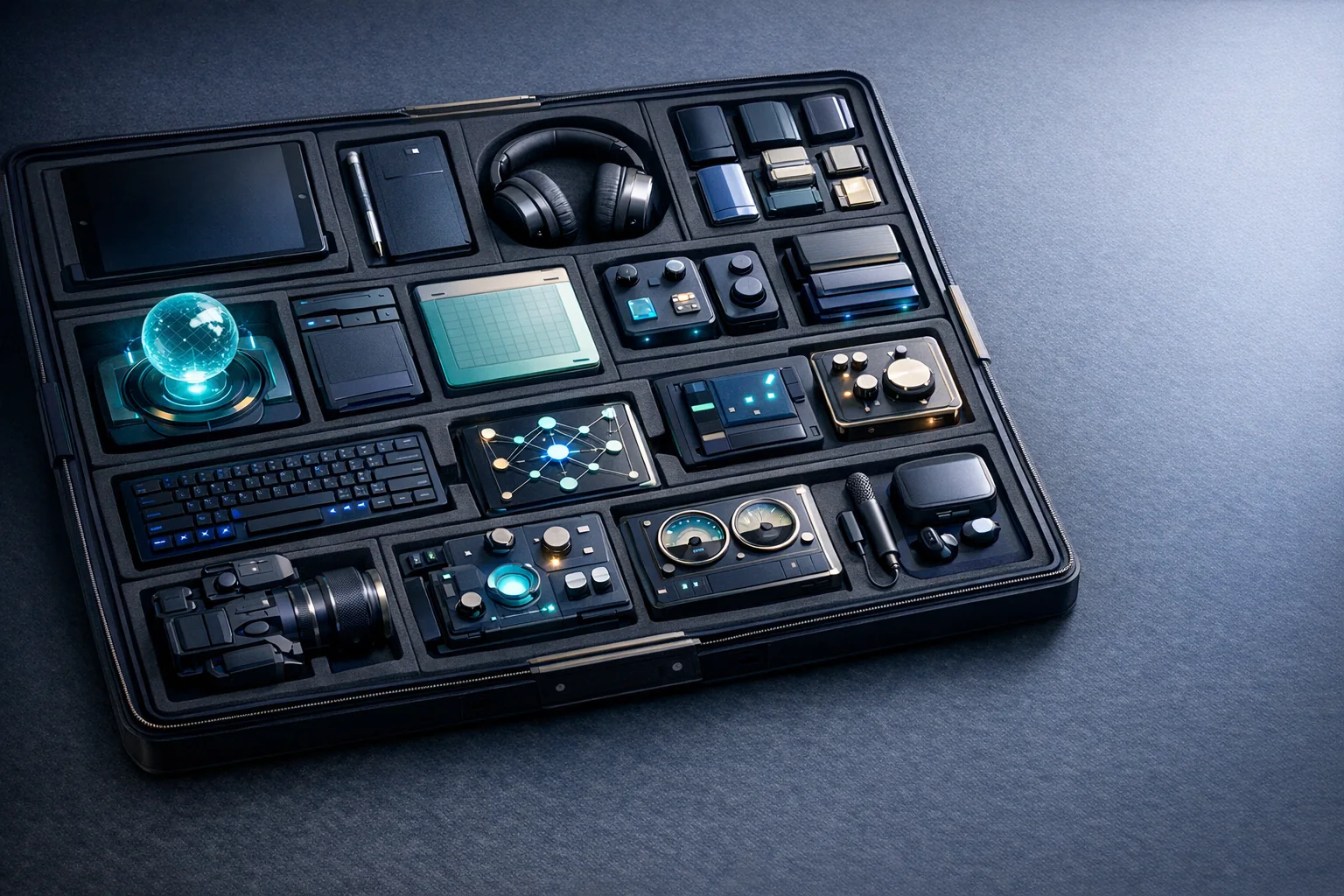 A premium modular operator field kit of AI systems and workflow components rendered in auraboros site colors.