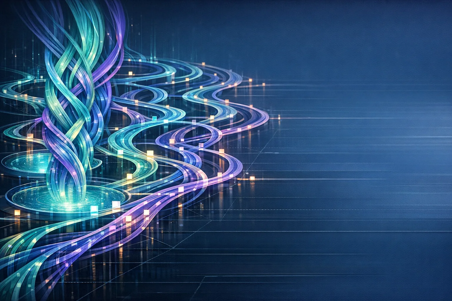 An evolving river-delta of agent workflow lanes and orchestration handoffs rendered in auraboros site colors.