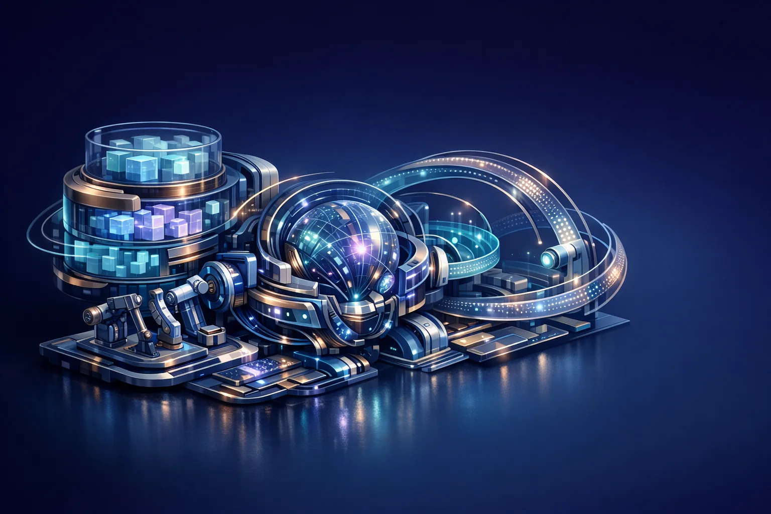 A modular AI agent architecture with memory loops, tool channels, and orchestration nodes rendered in auraboros site colors.