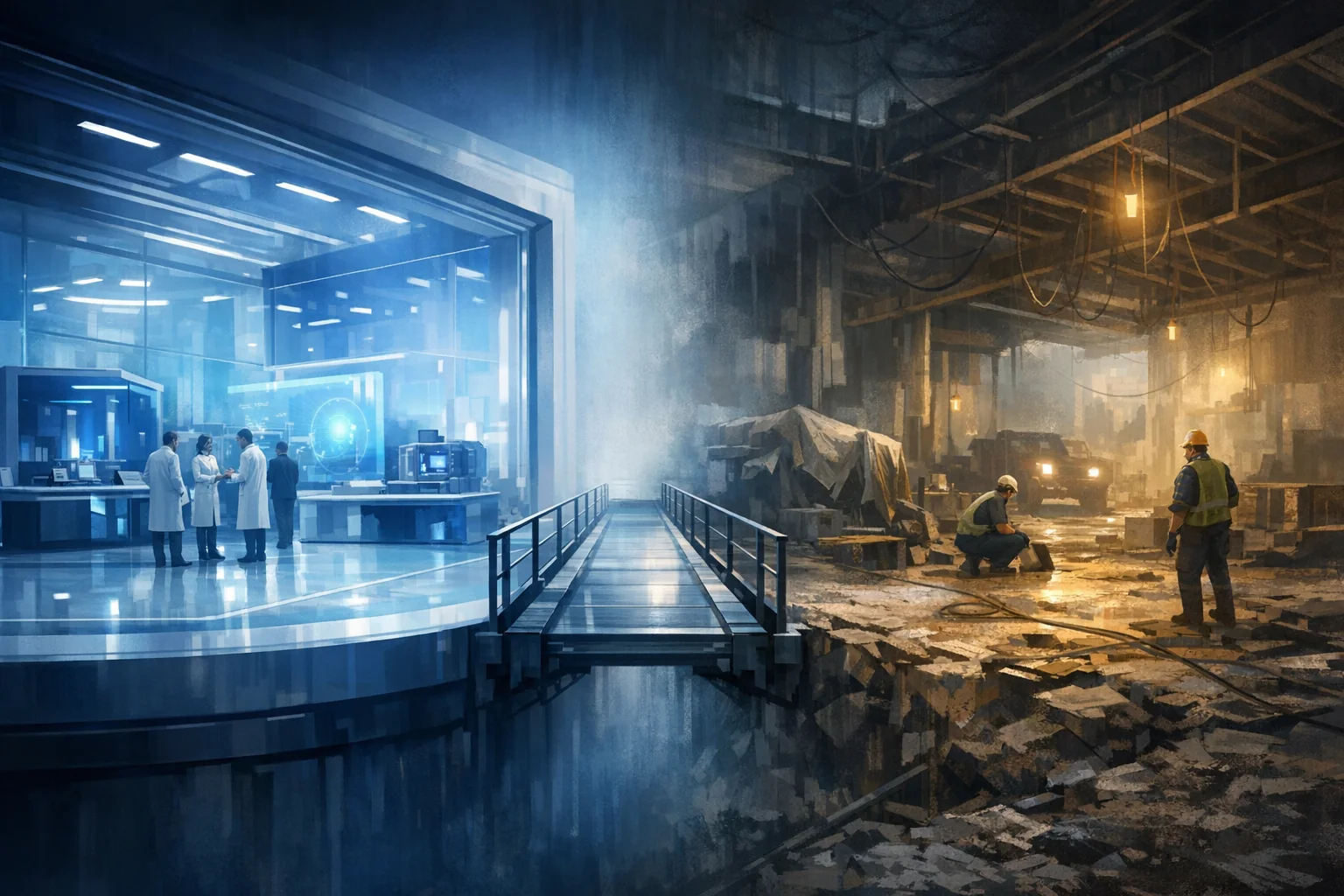 A dual-chamber evaluation hall showing lab victory on one side and production reality on the other in auraboros site colors.