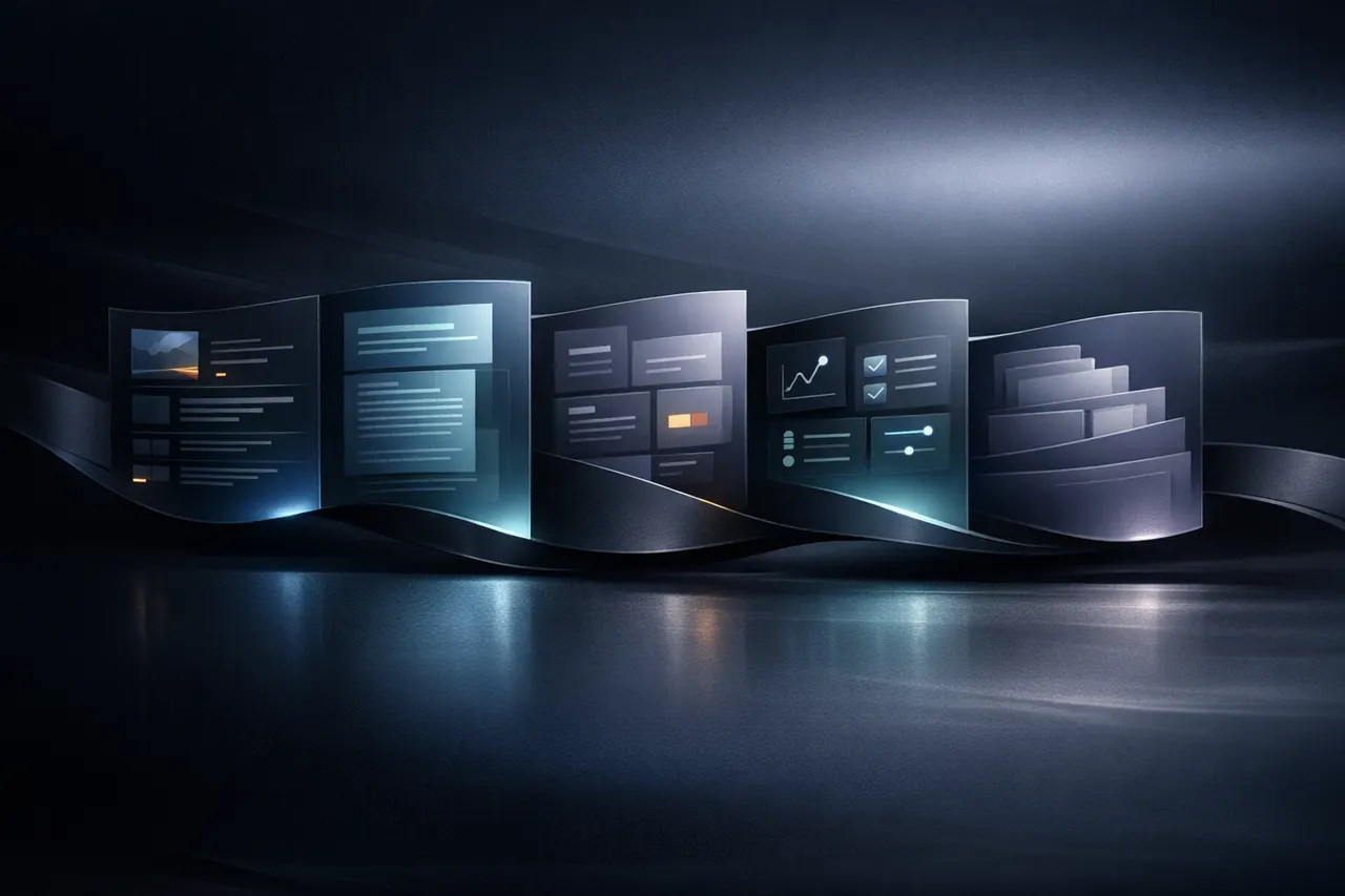 Abstract ribbon of connected publishing surfaces representing the Auraboros output system.