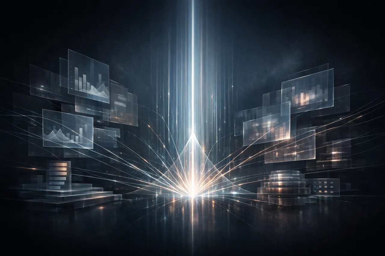 Abstract signal atlas showing scattered AI news converging into a disciplined intelligence structure.