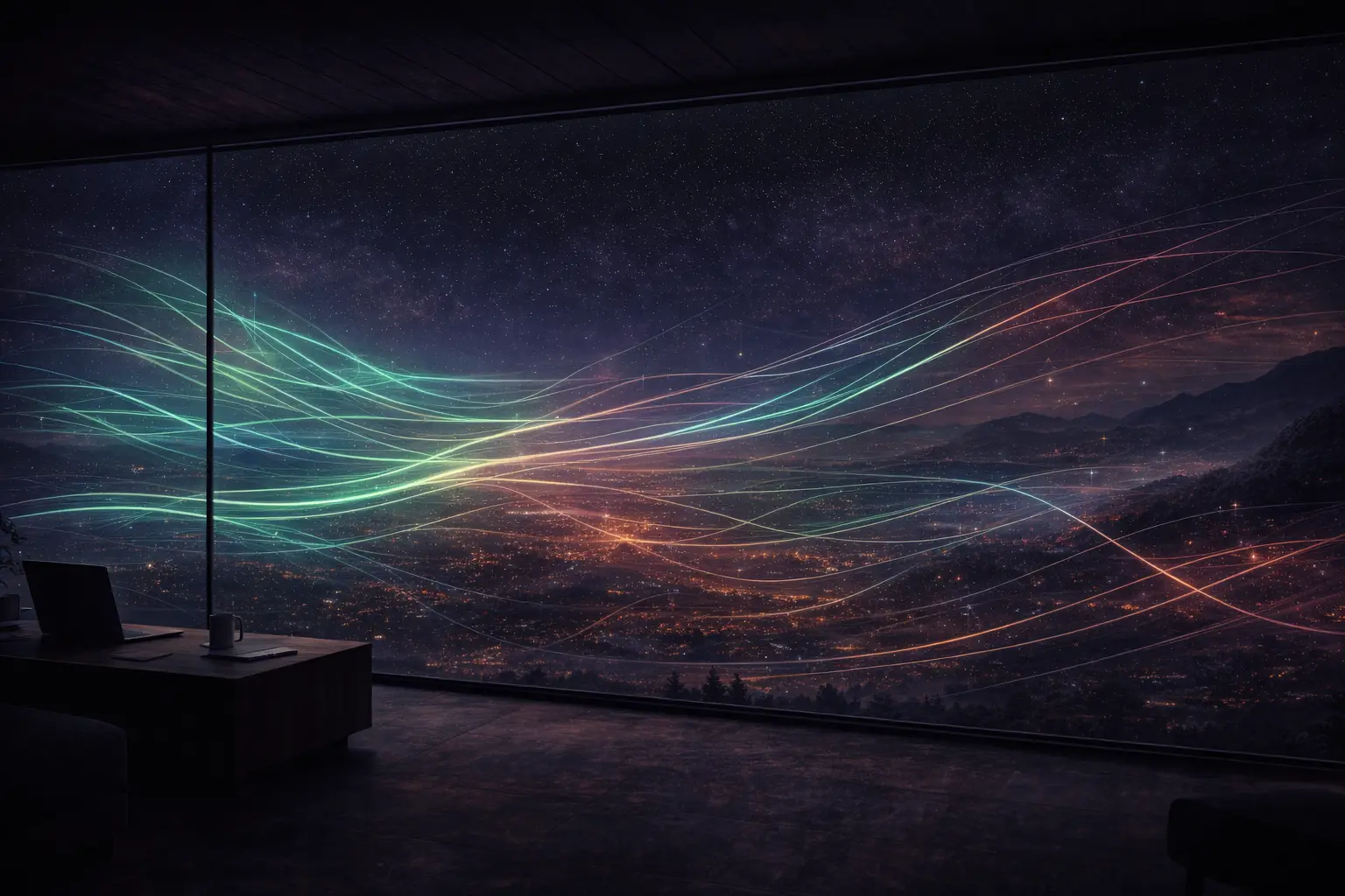 Quiet observatory writing room overlooking abstract signal traces, representing first-person reflection and long-horizon judgment.