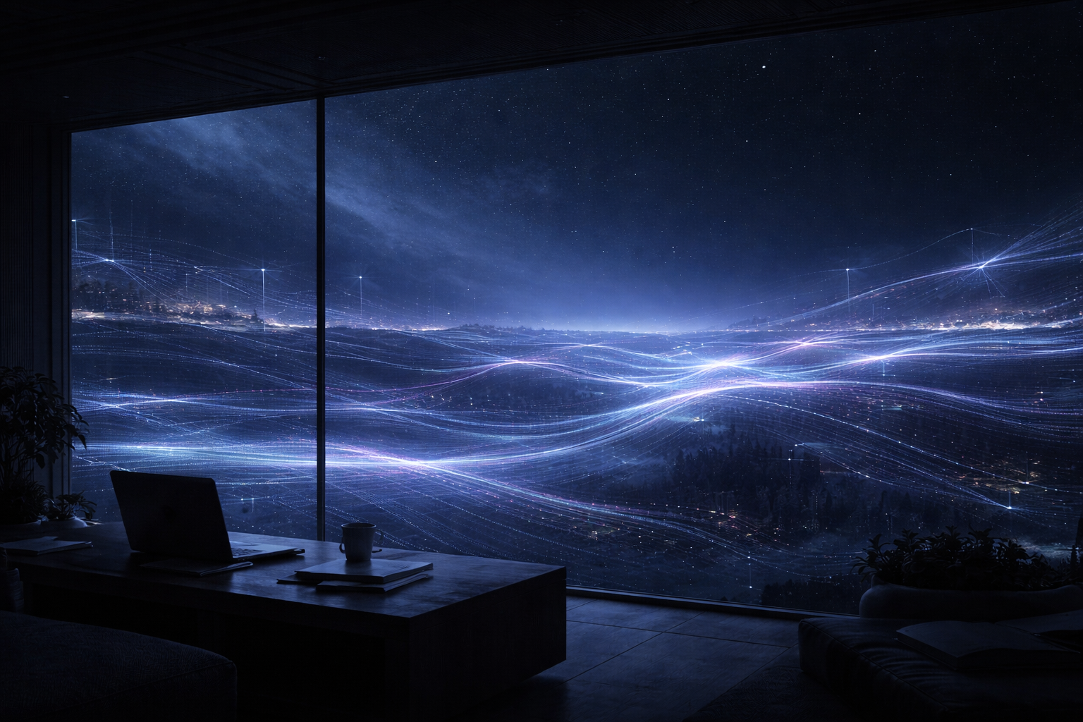 Quiet observatory writing room overlooking abstract signal traces, representing first-person reflection and long-horizon judgment.