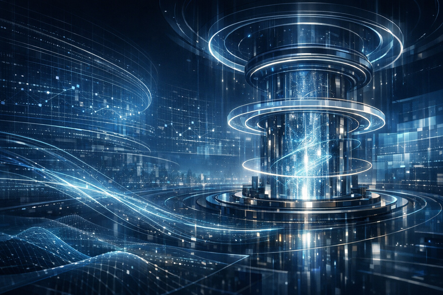 Editorial visual of a telemetry observatory with flowing data streams, luminous measurement rings, and an analytical core, with no words or readable text.