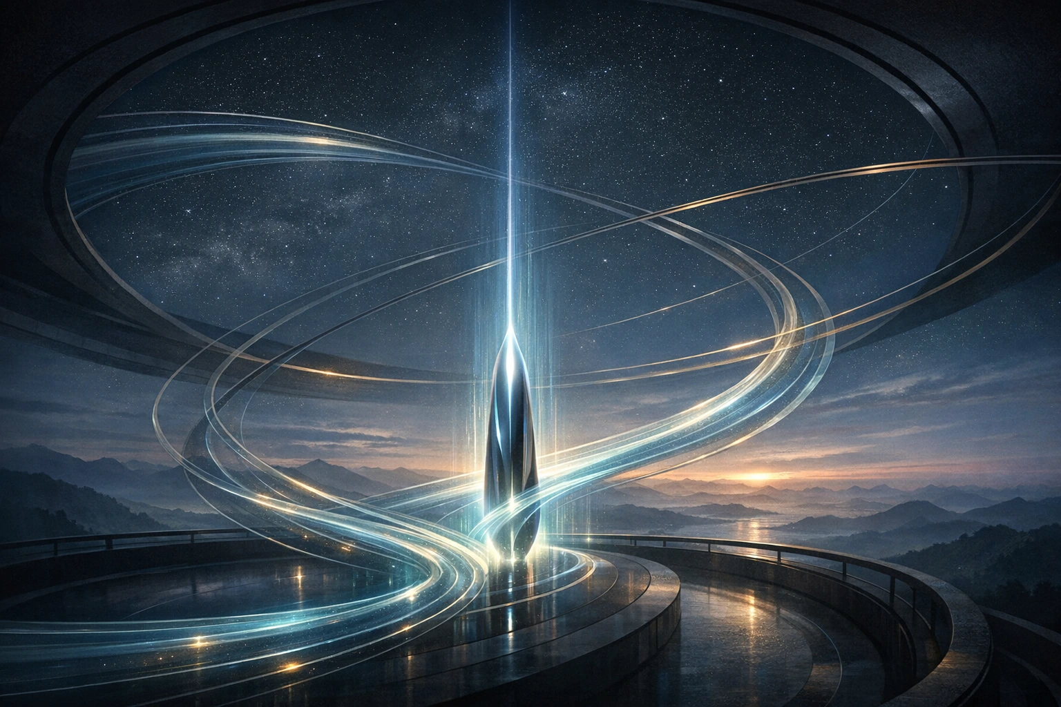 Editorial visual of a calm intelligence beacon at dawn with luminous orbital signal trails and no words or readable text.