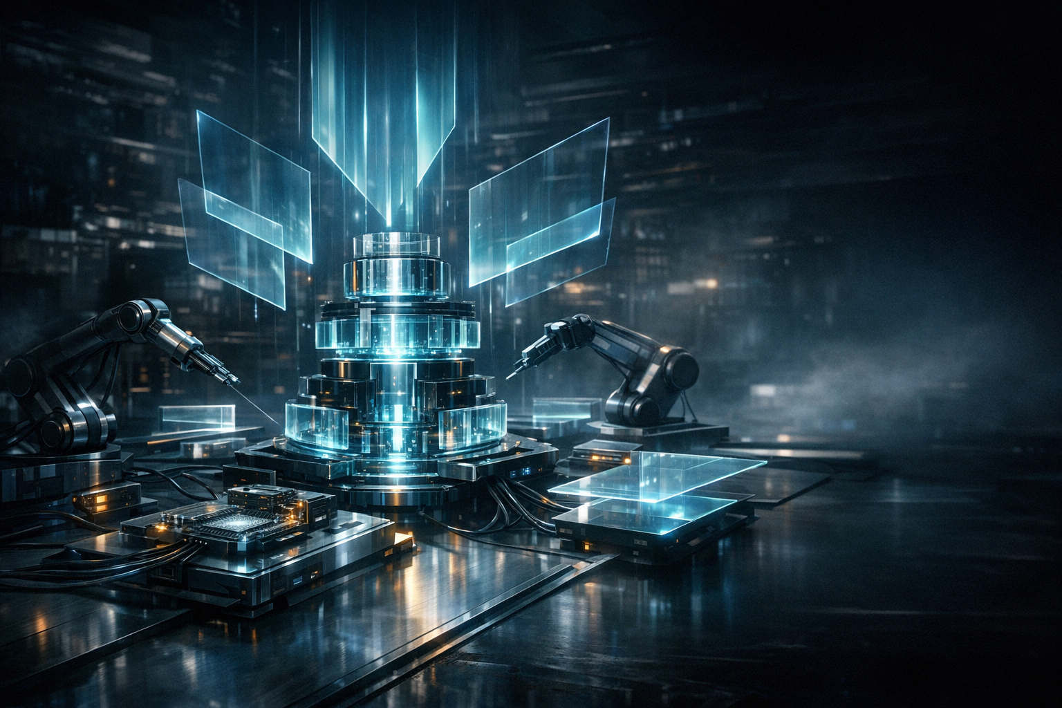 Editorial visual of an illuminated AI tool workbench with modular devices, abstract signal pathways, and a central build core, with no words or readable interface text.